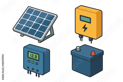 Isometric solar energy icon set with photovoltaic panel, battery, inverter, and charge controller. Vector illustration for renewable green power and electricity concept.