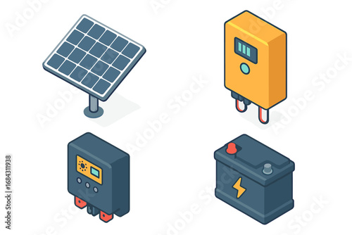 Isometric solar energy icons set. Photovoltaic panel, battery, inverter, charge controller. Renewable green power system components. Vector cartoon illustration for eco tech.
