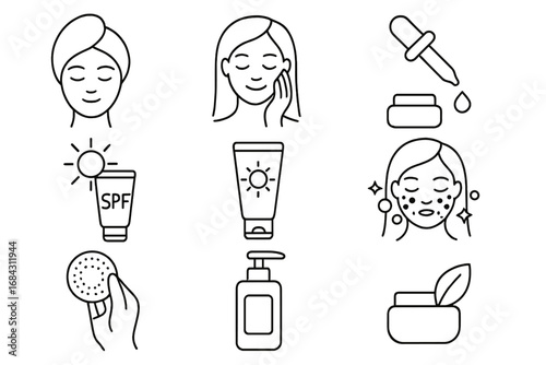 Skincare line icon set. Beauty routine and face skin care pictograms. Cosmetic product, cream, sunscreen, serum, lotion symbols. Vector outline wellness illustration.