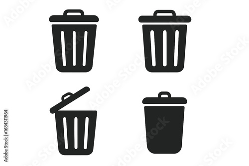 Black Trash Bin Icon Set, Vector Garbage Can Symbols, Waste Container Delete Icons, Modern Minimalist Rubbish Bin Illustrations, Isolated Flat Design Elements on Transparent Background