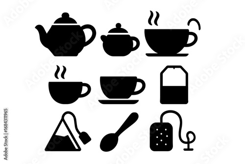 Tea time icon set. Minimalist black silhouettes of teapot, cup, mug, spoon, and tea bag. Vector graphic collection for cafe menu, coffee shop, or hot beverage branding.