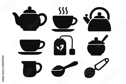 Tea time icons set. Black minimalist silhouettes of teapot, kettle, cup, and accessories for brewing. Vector graphic collection for cafe menu, beverage branding, and kitchenware.