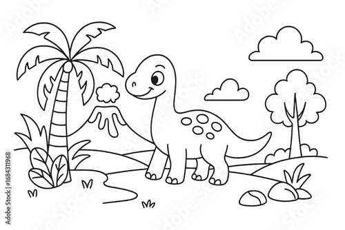 Cute dinosaur coloring page for kids. Vector outline of a cartoon dino in a prehistoric landscape with a volcano and palm trees. Simple black and white line art for children.
