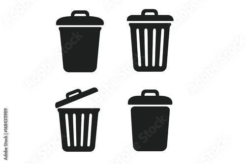 Trash bin vector icons set. Black garbage can silhouette isolated symbols. Wastebasket illustration collection for recycling, delete, remove concepts. Trashcan sign, dustbin, container vector art