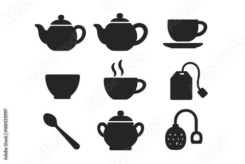 Tea time icons set. Black minimalist silhouettes of teapots, cups, and accessories. Vector graphic collection for cafe menu, beverage branding or kitchen decor. Hot drink symbols.