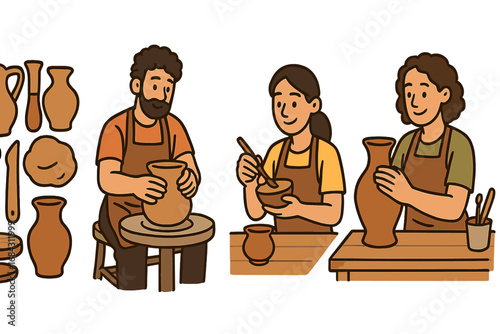 Artisans in a pottery workshop. Man on potter's wheel, women decorating ceramics. Handmade craft, hobby, creative process. Vector set of people, tools and clay items.