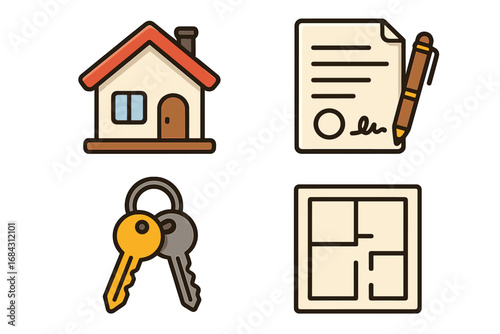 Real estate icon set featuring home, contract, keys, and floor plan symbols, vector cartoon illustration, transparent background, ordered collection for property, realty, and housing concepts