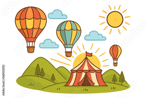 Whimsical hot air balloons flying over a circus tent in a scenic summer landscape. Vector cartoon illustration set for festival, fair, or amusement park. Isolated design elements.