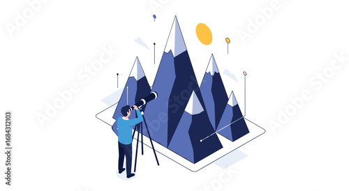 Visionary explorer discovers new horizons using telescope amidst stylized mountain peaks