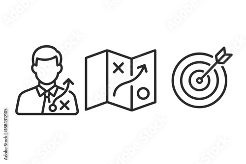 Business strategy vector icon set. Line icons for planning, goals, and direction. Manager, map with route, and target with arrow. Concept of mission, objective, success.