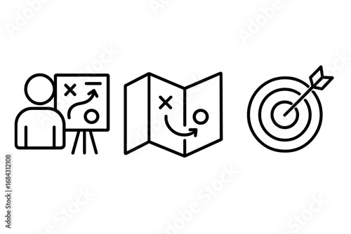 Strategy and planning line icon set. Business roadmap to target, goal achievement and success. Vector collection for presentation, marketing, and project management icons.