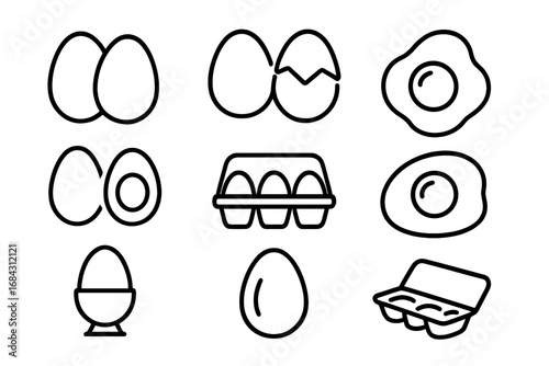 Egg line icon set. Vector symbols of food and cooking. Includes fried egg, boiled egg, cracked shell, yolk, eggs in carton, egg cup. Breakfast meal. Editable stroke.