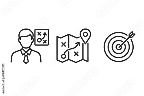 Business strategy and planning line icon set. Concepts of targeting, mission, vision, and goals. Vector icons for management, marketing, development and successful solution.