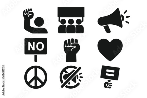 Protest and activism solid icon set. Demonstration, freedom, equality, and human rights symbols. Vector collection of revolution and social justice glyphs. Raised fist.