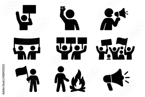 Protest and activism silhouette icon set. People picket at a rally or demonstration. Crowd with signs, revolution fist, and megaphone. Civil rights movement vector graphic.