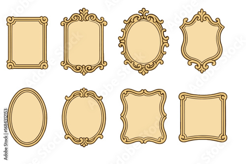 Collection of decorative vintage gold frames. Ornate baroque border set for classic design. Elegant retro picture, mirror, or label templates. Victorian rococo vector elements.