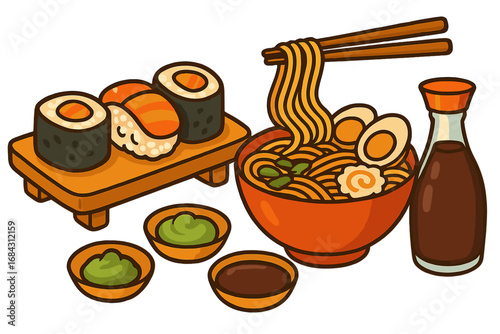 Japanese food set with ramen noodle soup, sushi, maki roll and nigiri. Traditional Asian cuisine meal with chopsticks, soy sauce and wasabi. Vector cartoon illustration.