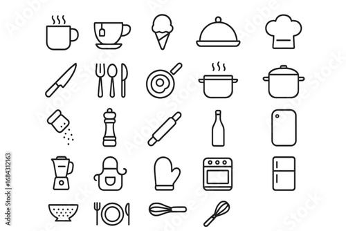 Big set of food, cooking & kitchen line icons. Restaurant, cafe & culinary pictograms. Chef hat, pot, pan, cutlery, coffee, tea, blender vector symbols. Editable stroke.
