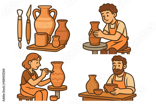 Pottery workshop vector illustration set. Artisans creating handmade ceramics. Man on potter's wheel, woman painting a vase. Craft, hobby, and craftsmanship concept art.