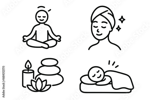 Relaxation and Wellness Icons Set, Minimalist Meditation, Spa Treatments, Comfort and Self-Care Activities, Calm Mind and Serene Lifestyle Vector Illustrations, Transparent Background
