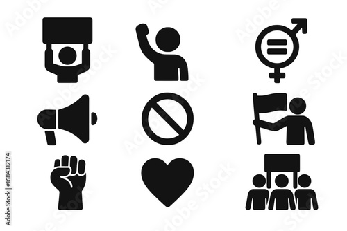 Protest and activism solid glyph icon set. Vector symbols for demonstration, freedom, equality, social justice, human rights, revolution, and solidarity. Marching crowd.