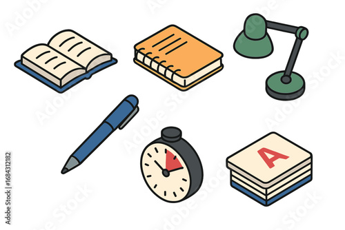 Isometric study and education icon set. Vector cartoon illustration of school supplies. Learning discipline concept with book, notebook, pen, lamp, timer, and A+ flashcards.