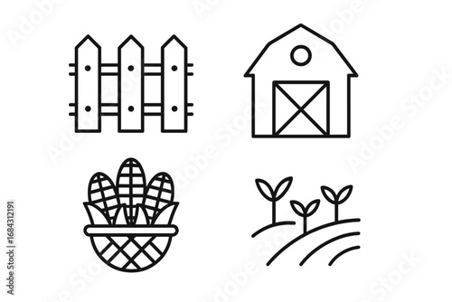 Set of Agriculture Line Icons with Editable Stroke for Design, Websites, Apps, Cards, Featuring Fence, Barn, Harvest Basket, Plantation Sprouts, Vector Cartoon Elements