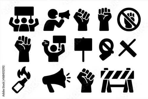 Protest and activism solid icon set. Vector symbols of demonstration, resistance, and revolution. Silhouette collection includes raised fist, megaphone, banner, and barricade.