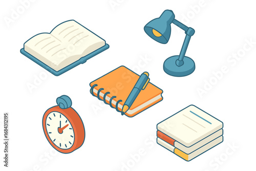 Isometric study essentials icon set. Vector cartoon illustration of education and learning supplies like open book, notebook, pen, desk lamp, timer and flashcards.