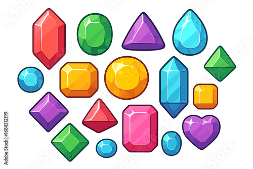 Colorful collection of cartoon sparkling gemstones in assorted shapes and sizes, jewel set illustration for games, apps, treasure, jewelry, match 3 puzzle design, bright vector gems isolated
