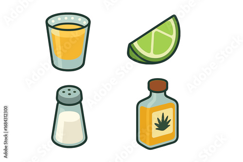 Tequila shot vector icon set with lime and salt. Isometric cartoon illustration of a Mexican alcohol drink for celebration. Agave bottle, shot glass, citrus and salt shaker elements.