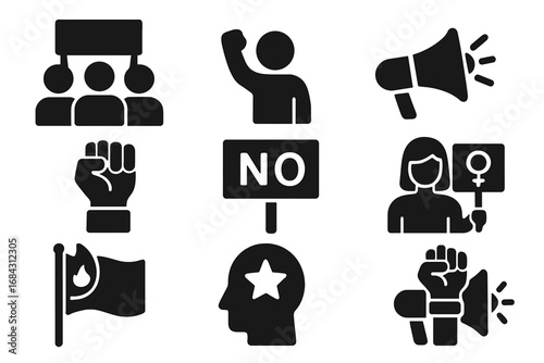 Protest activism solid icon set. Demonstration, revolution, human rights, feminism, and political dissent glyphs. Vector illustration for social movement, rally, and strike concepts.