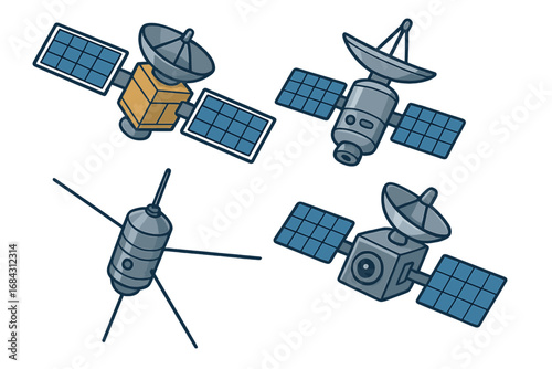 A diverse collection of cartoon satellites. Space technology for communication, navigation, and research. Vector icons for broadcast, data, GPS, and telecommunications.