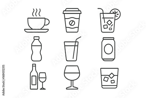Set of Minimalistic Line Icons Featuring Coffee, Soft Drinks, Alcoholic Beverages with Editable Stroke for Cards, Apps, Banners, Posts, Vector Cartoon Pictograms