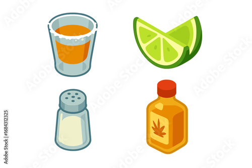 Tequila shot icon set for celebration. Isometric vector icons of Mexican alcohol drink with lime wedge, salt shaker and agave bottle. Cartoon illustration for party or bar menu.