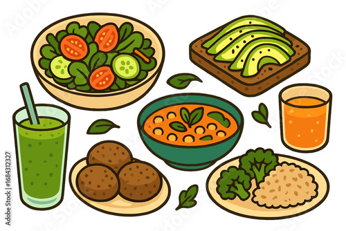Set of healthy plant-based food for a balanced diet. Vegan meal collection with salad, soup, falafel, avocado toast, and green smoothie. Vector cartoon food illustration.