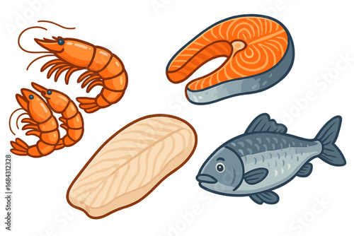 Seafood set vector illustration. Fresh fish, shrimp, salmon steak, cod fillet. Cartoon icons for restaurant menu, market, or healthy food design. Raw protein ingredients.