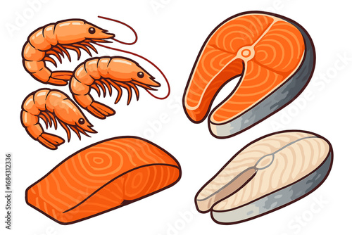Seafood collection vector illustration. Set of fresh raw fish and shrimp. Salmon steak, fillet, and white fish. Healthy food concept for menu, market, or packaging design.