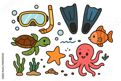 Vector set of snorkeling gear and cute sea animals. Cartoon marine life collection with turtle, octopus, fish, starfish, algae. Underwater adventure clipart icons for kids.