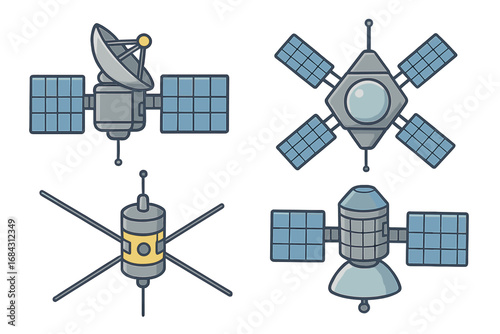 Set of space satellite vector icons for communication, navigation, broadcast, and scientific research. Spacecraft technology for GPS and data transmission. Cartoon illustration.