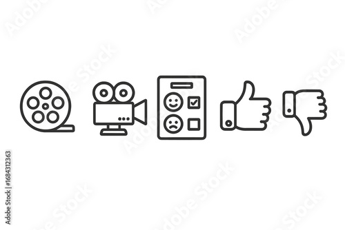 Test screening icon set for film and movie feedback. Vector line art icons of film reel, camera, survey form, and audience rating symbols like thumbs up and thumbs down.