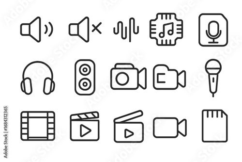 Vector line icon set for multimedia. Sound and video production symbols. Contains audio, movie, film icons like microphone, camera, headphones, speaker, clapperboard. Editable stroke.
