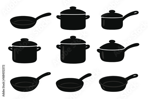 Set of silhouette cooking pans and pots icons for kitchen design, vector cartoon illustration with transparent background, ordered cookware collection for culinary and cooking projects