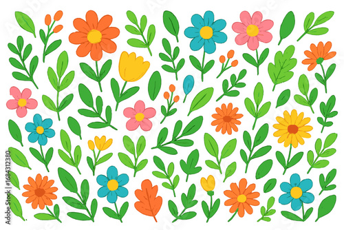 Big set of colorful hand-drawn floral elements. Cute cartoon flowers and leaves collection. Vector botanical illustration for spring and summer design. Simple vibrant garden blossoms.