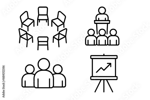 Therapy and business meeting outline icon set. Group therapy, counseling session, support circle. Presentation, seminar, conference with speaker and flipchart for growth.