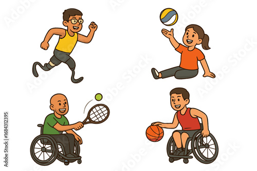 Set of adaptive sports vector illustrations. Diverse athletes with disabilities, including wheelchair basketball, tennis, amputee runner, and sitting volleyball. Inclusive sports.