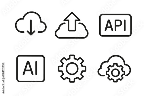 Cloud Technology Line Icon Set. Download Upload API AI Gear Symbols. Vector Cartoon Illustration on Transparent Background. Digital Web Computing Automation Server Integration Collection.