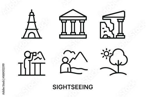 Sightseeing outline icon set. Travel and tourism concept. Vector line art icons of landmark, monument, museum, historic ruins, nature, landscape, viewpoint and tourist.
