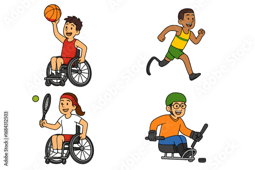 Adaptive sports vector set. Disabled children athletes. Paralympic sports: wheelchair basketball, tennis, runner with prosthetic leg, sledge hockey. Inclusion and diversity concept.