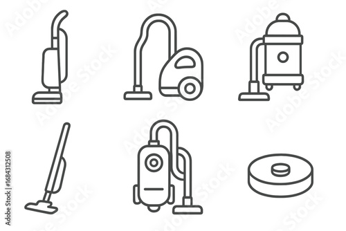 Set of six vacuum cleaner icons in minimalist linear style, vector cartoon illustration with transparent background, home cleaning appliances, modern household equipment collection